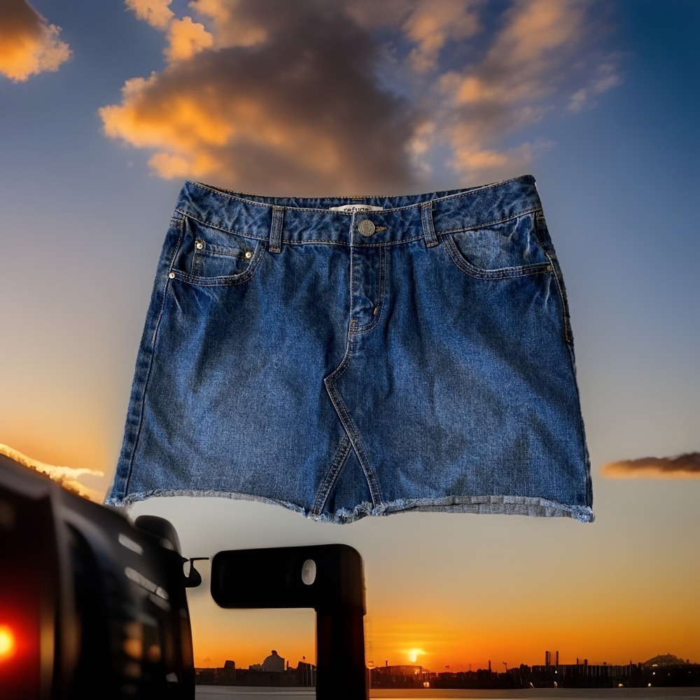 Y2K denim Mini Skirt Refuge Women's Blue Medium Wash Raw Hem Preppy